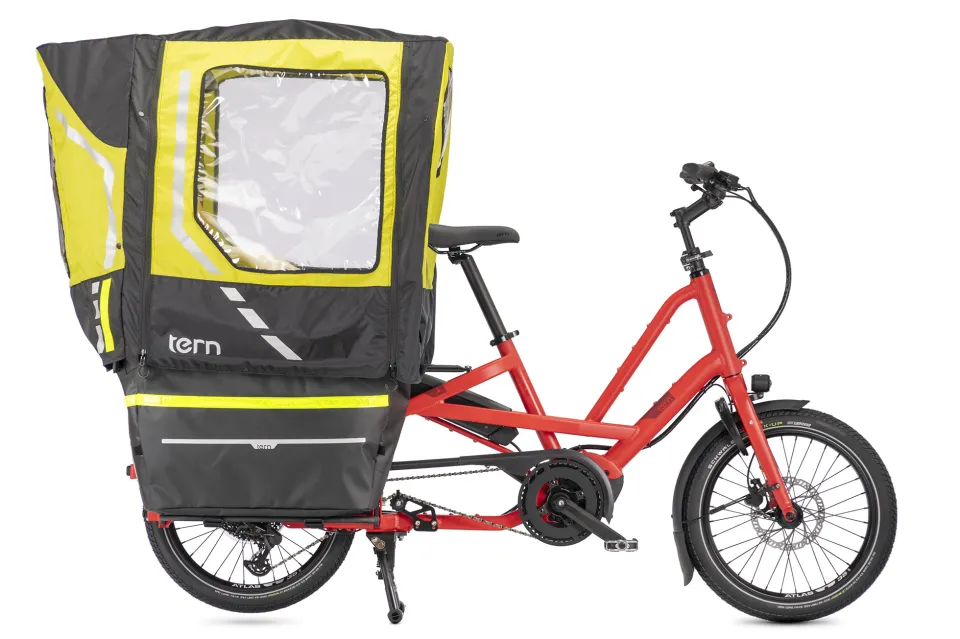 Clubhouse Fort bike weather canopy for kids on the Tern Quick Haul Long electric cargo bike with the Sun Shield and Rain Shield combo roof.
