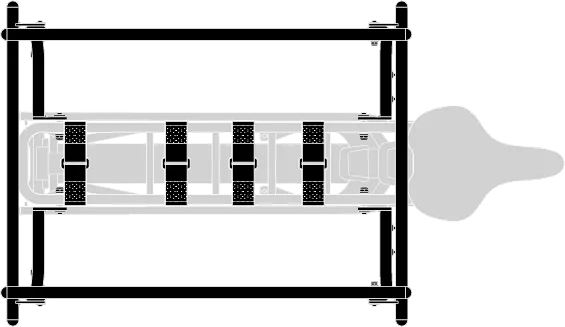 Illustration showing the self-fastening strips for the Clubhouse Seat Pad seat cushion on the Clubhouse+ passenger rail for the Tern GSD e cargo bike.