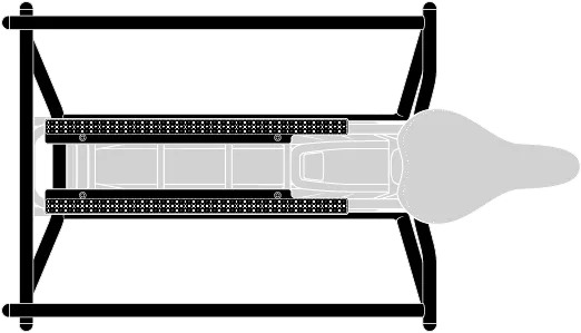 Illustration showing the self-fastening strips for the Clubhouse Seat Pad seat cushion on the Clubhouse Mini passenger rail for Tern cargo bikes.