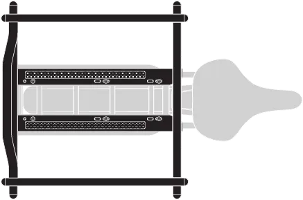 Illustration showing the self-fastening strips for the Clubhouse Seat Pad seat cushion on the Clubhouse Gen 1 passenger rail for the Tern GSD Gen 1 e cargo bike.