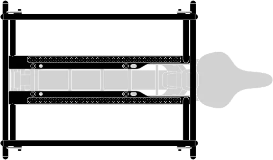 Illustration showing the self-fastening strips for the Clubhouse Seat Pad seat cushion on the Clubhouse Gen 3 passenger rail for Tern e cargo bikes.