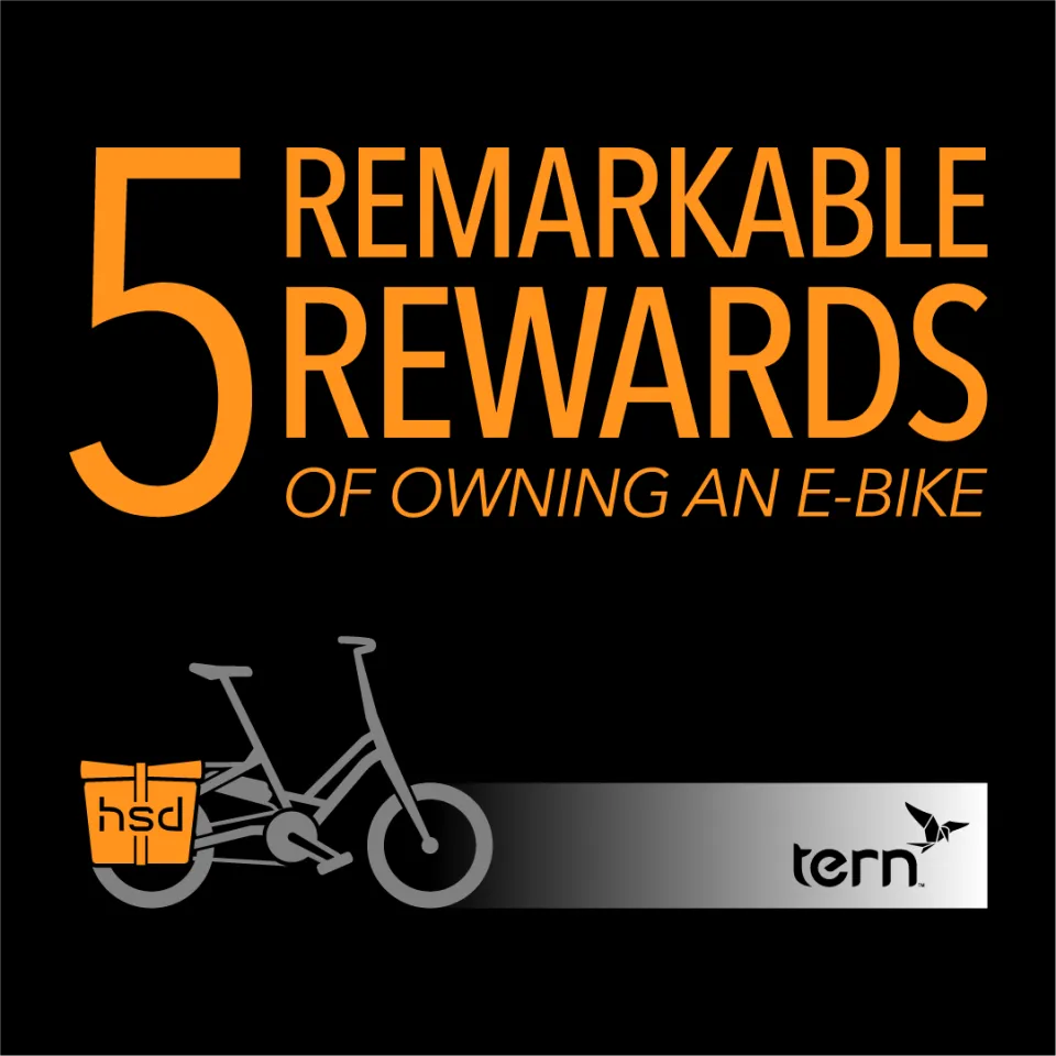 Infographic showing the text "5 remarkable rewards of owning an e-bike", with a Tern HSD electric cargo bike illustration.