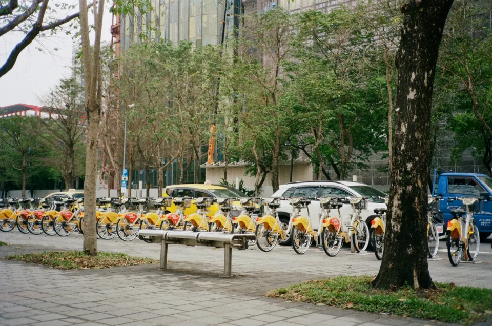 A bike docking station with YouBike shared bikes in Taiwan.