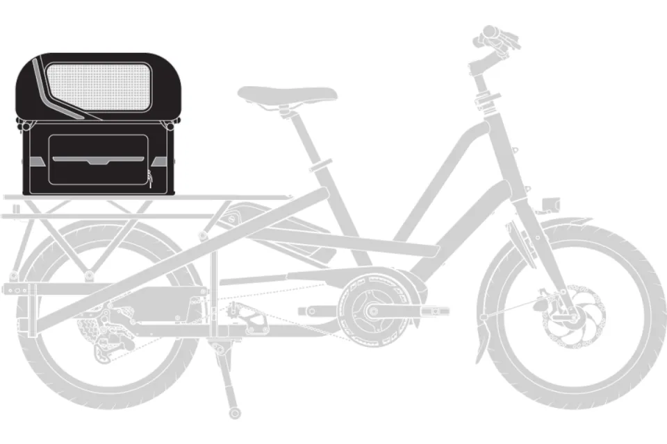 Doghouse Mini rear rack-mounted pet carrier on the Tern Quick Haul Long cargo electric bike