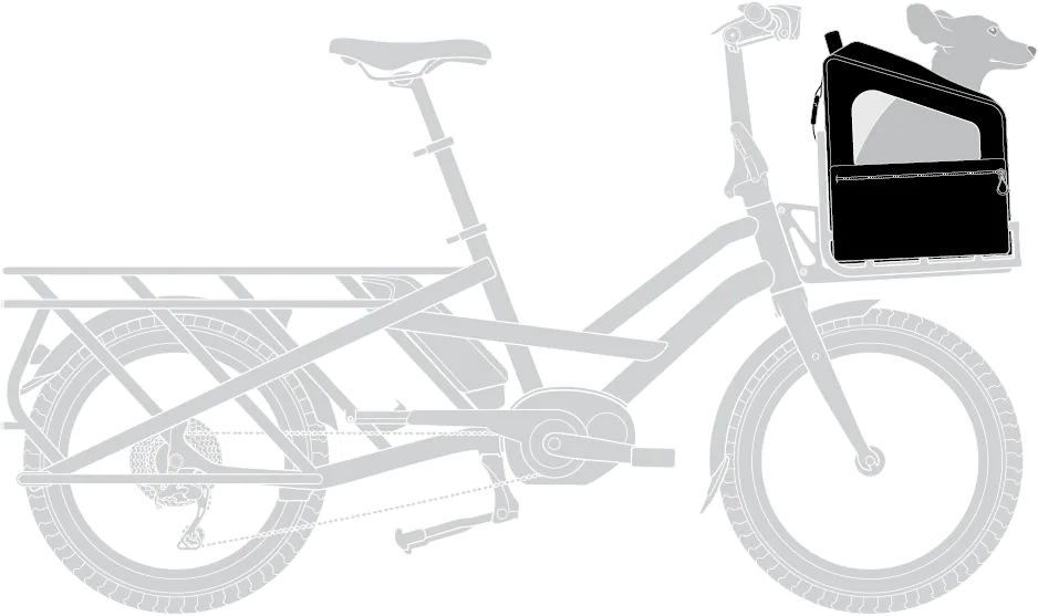 Tern RuffHouse front rack-mounted dog carrier on the Tern GSD Gen 1 electric cargo bike