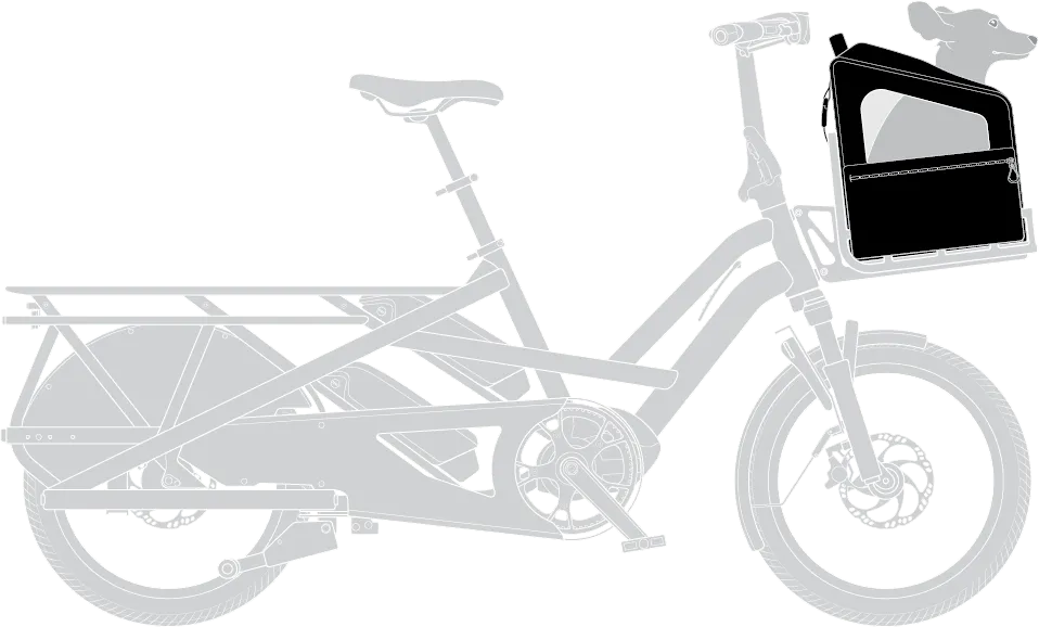 Tern RuffHouse front rack-mounted dog carrier on the Tern GSD Gen 2 electric cargo bike