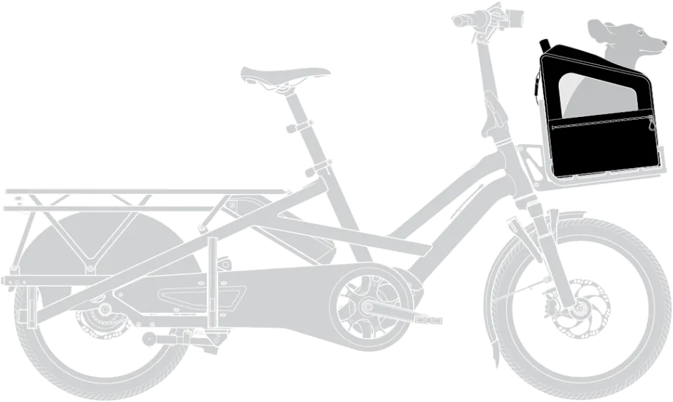 Tern RuffHouse front rack-mounted dog carrier on the Tern GSD Gen 3 electric cargo bike