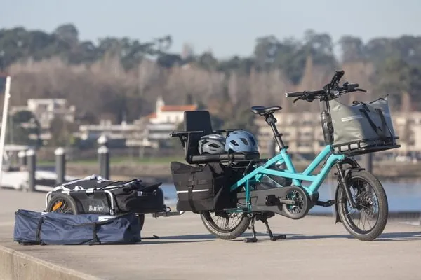 Tern GSD Gen 3 electric cargo bike with Burley bike trailer attached