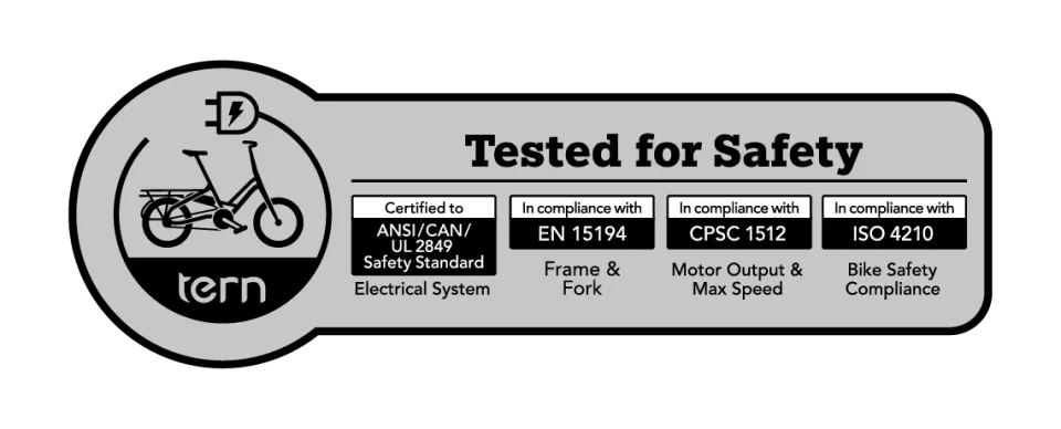Tern electric bikes on-frame safety certification sticker