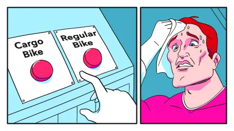 A comic depicting a man being put in a tough spot as he has difficulty choosing between a cargo or regular bike.