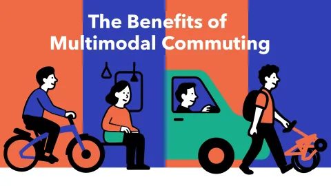 Article banner image showing the four common modes of commuting—cycling, public transit, driving, and walking—and the article title "The Benefits of Multimodal Commuting"