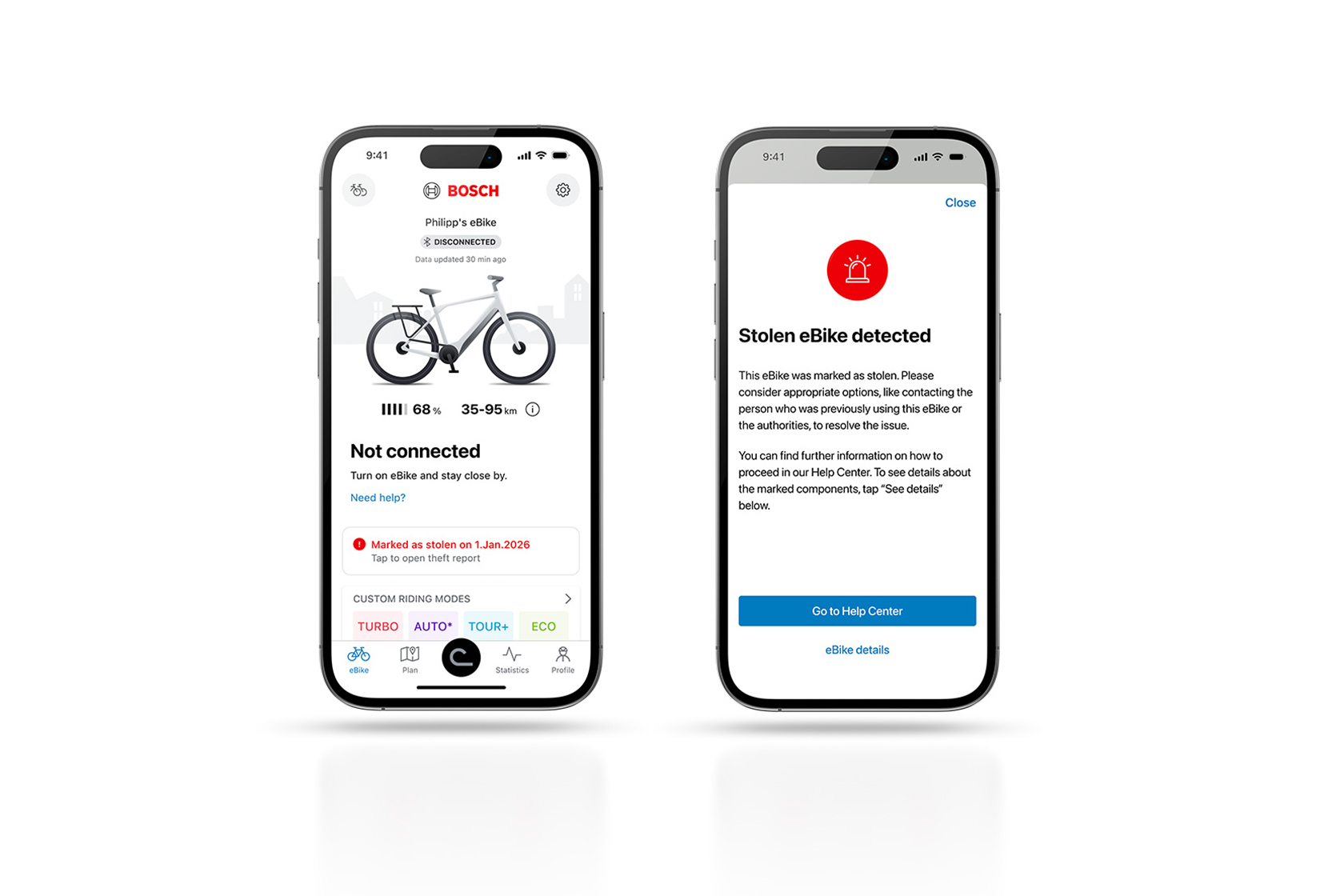 Functie 'Markeren als gestolen' wordt weergegeven in de eBike Flow-app